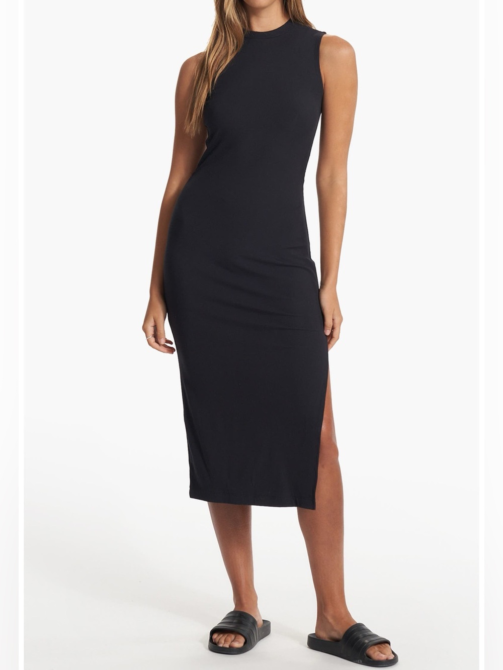 NWT Vuori Pose Midi Black Ribbed Sleeveless Tank Dress Medium - Picture 1 of 8